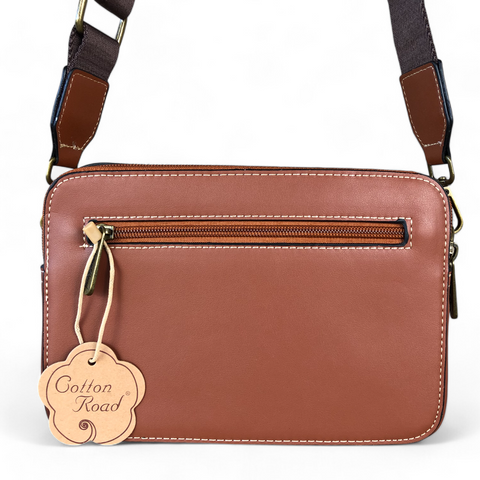 Cotton Road Sling Bag: TAN BROWN PU Leather Sling Bag with BRANDED STRAP