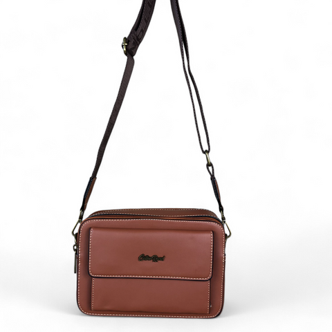 Cotton Road Sling Bag: TAN BROWN PU Leather Sling Bag with BRANDED STRAP