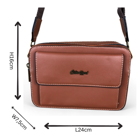 Cotton Road Sling Bag: TAN BROWN PU Leather Sling Bag with BRANDED STRAP