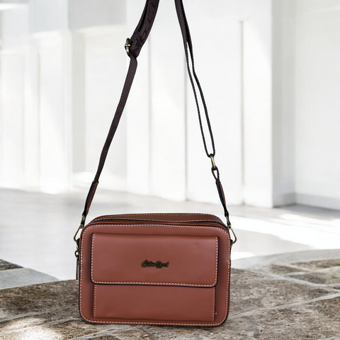 Cotton Road Sling Bag: TAN BROWN PU Leather Sling Bag with BRANDED STRAP