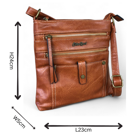 Cotton Road Sling Bag: TAN BROWN PU Leather Sling Bag with Metal Zips