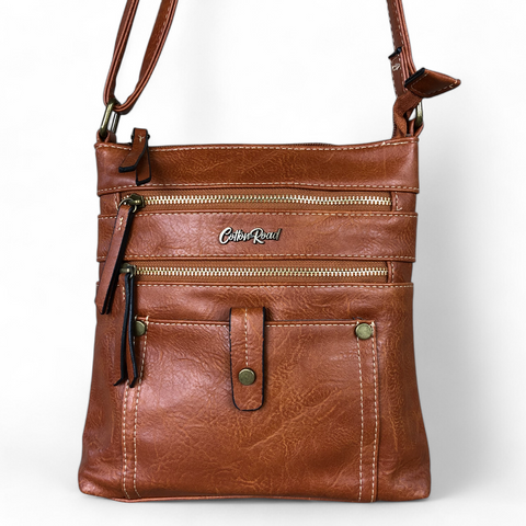 Cotton Road Sling Bag: TAN BROWN PU Leather Sling Bag with Metal Zips