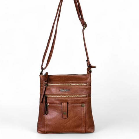 Cotton Road Sling Bag: TAN BROWN PU Leather Sling Bag with Metal Zips