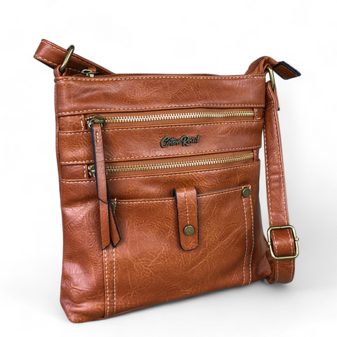 Cotton Road Sling Bag: TAN BROWN PU Leather Sling Bag with Metal Zips