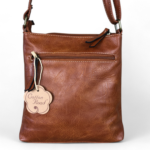 Cotton Road Sling Bag: TAN BROWN PU Leather Sling Bag with Metal Zips