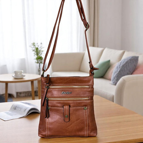 Cotton Road Sling Bag: TAN BROWN PU Leather Sling Bag with Metal Zips