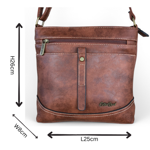 Cotton Road Sling Bag: TAN BROWN PU Leather Sling Bag with STRAP detailing