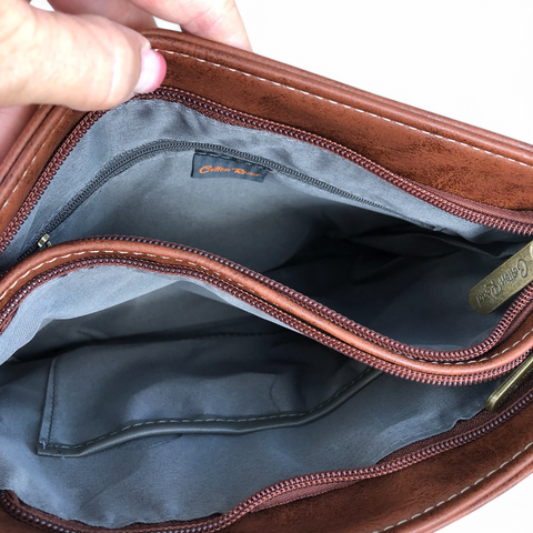 Cotton Road Sling Bag: TAN BROWN PU Leather Sling Bag with STRAP detailing