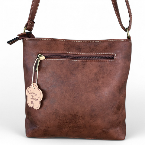 Cotton Road Sling Bag: TAN BROWN PU Leather Sling Bag with STRAP detailing