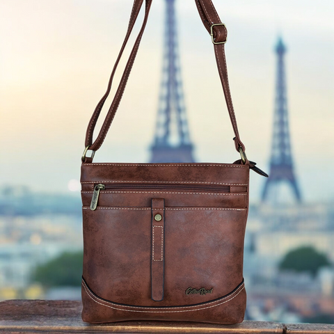 Cotton Road Sling Bag: TAN BROWN PU Leather Sling Bag with STRAP detailing