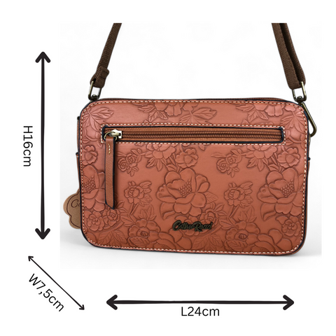 Cotton Road Sling Bag : TAN BROWN PU Leather with EMBOSSED FLOWERS