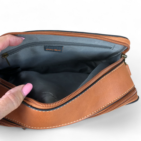 Cotton Road Sling Bag : TAN BROWN PU Leather with EMBOSSED FLOWERS