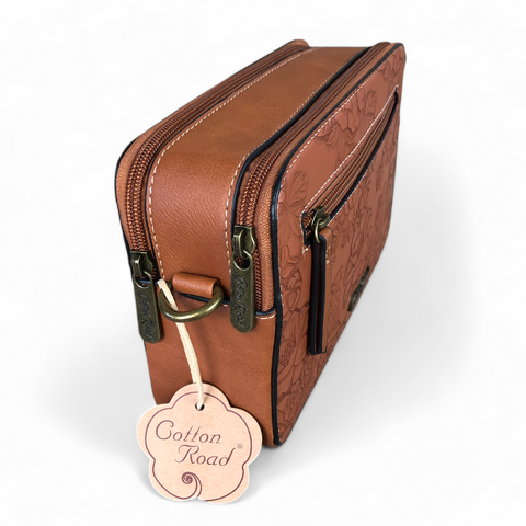 Cotton Road Sling Bag : TAN BROWN PU Leather with EMBOSSED FLOWERS