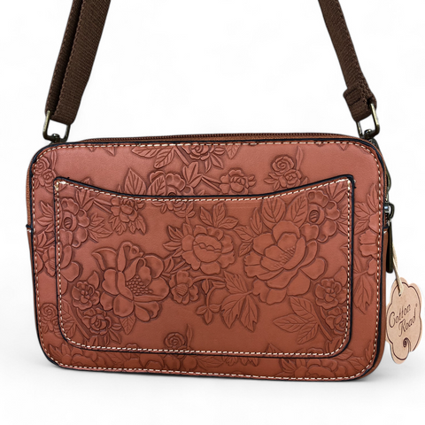 Cotton Road Sling Bag : TAN BROWN PU Leather with EMBOSSED FLOWERS