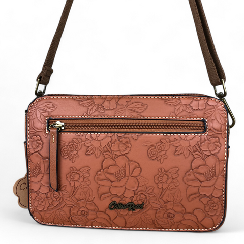 Cotton Road Sling Bag : TAN BROWN PU Leather with EMBOSSED FLOWERS