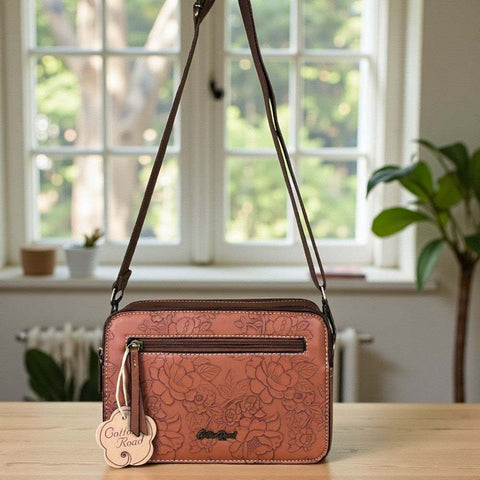 Cotton Road Sling Bag : TAN BROWN PU Leather with EMBOSSED FLOWERS