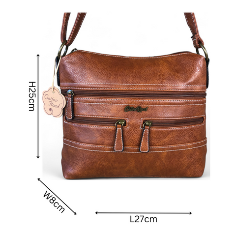 Cotton Road Sling Bag: TAN BROWN PU Leather with Multiple Storage