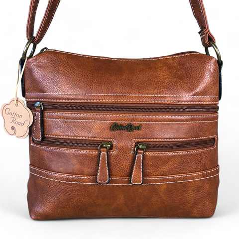 Cotton Road Sling Bag: TAN BROWN PU Leather with Multiple Storage