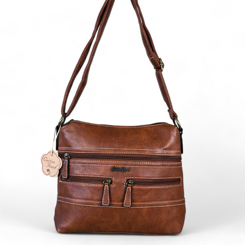 Cotton Road Sling Bag: TAN BROWN PU Leather with Multiple Storage