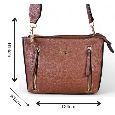 Cotton Road Sling Bag: TAN PU Leather Sling Bag with BRANDED Strap