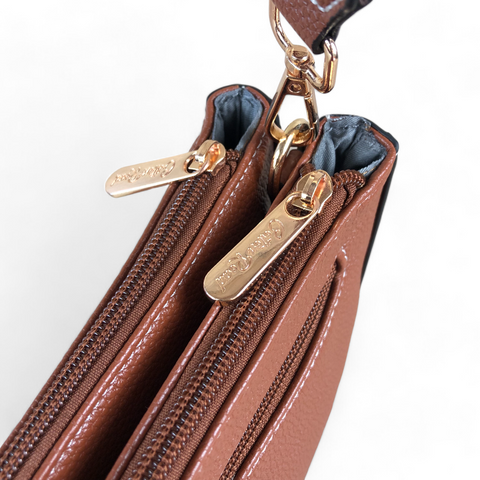 Cotton Road Sling Bag: TAN PU Leather Sling Bag with BRANDED Strap