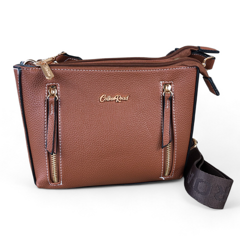 Cotton Road Sling Bag: TAN PU Leather Sling Bag with BRANDED Strap