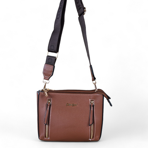 Cotton Road Sling Bag: TAN PU Leather Sling Bag with BRANDED Strap