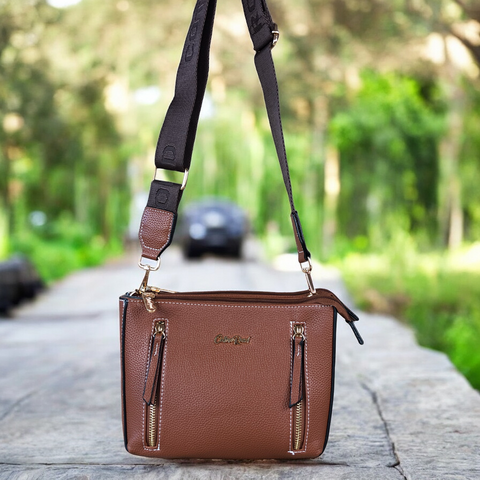 Cotton Road Sling Bag: TAN PU Leather Sling Bag with BRANDED Strap