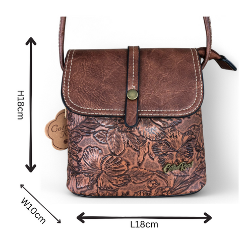 Cotton Road Sling Bag: TAN PU Leather Sling Bag with EMBOSSED FLOWERS