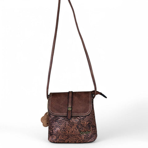 Cotton Road Sling Bag: TAN PU Leather Sling Bag with EMBOSSED FLOWERS