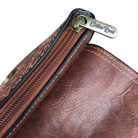 Cotton Road Sling Bag: TAN PU Leather Sling Bag with EMBOSSED FLOWERS