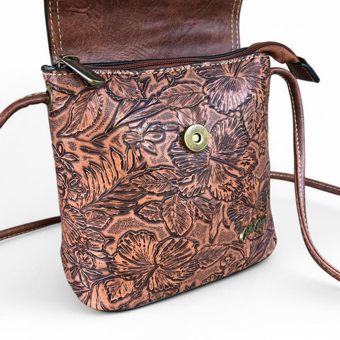 Cotton Road Sling Bag: TAN PU Leather Sling Bag with EMBOSSED FLOWERS