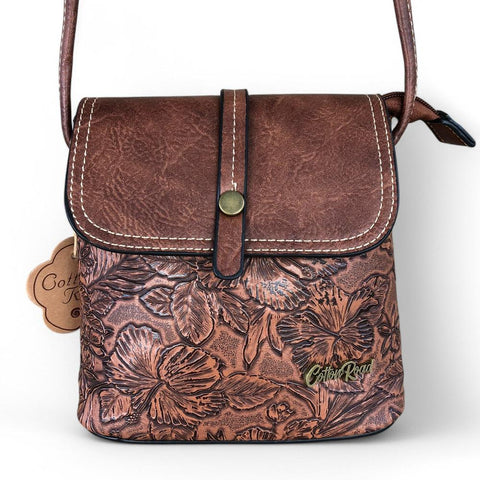 Cotton Road Sling Bag: TAN PU Leather Sling Bag with EMBOSSED FLOWERS