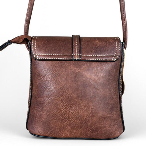 Cotton Road Sling Bag: TAN PU Leather Sling Bag with EMBOSSED FLOWERS