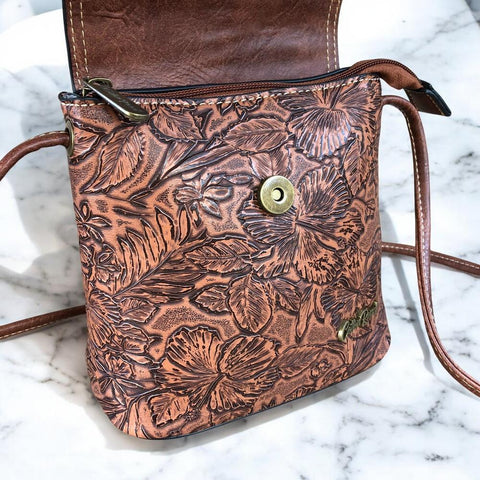 Cotton Road Sling Bag: TAN PU Leather Sling Bag with EMBOSSED FLOWERS