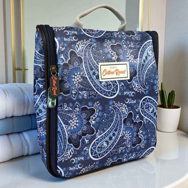 Cotton Road Toiletry Bag: BLUE PVC Hanging Vanity Bag with PAISLEY Print