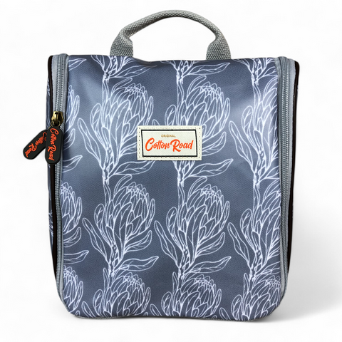 Cotton Road Toiletry Bag: BLUE PVC Hanging Vanity Bag with PROTEAS