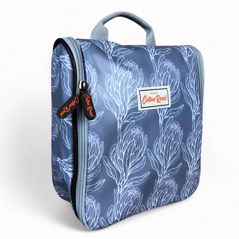 Cotton Road Toiletry Bag: BLUE PVC Hanging Vanity Bag with PROTEAS