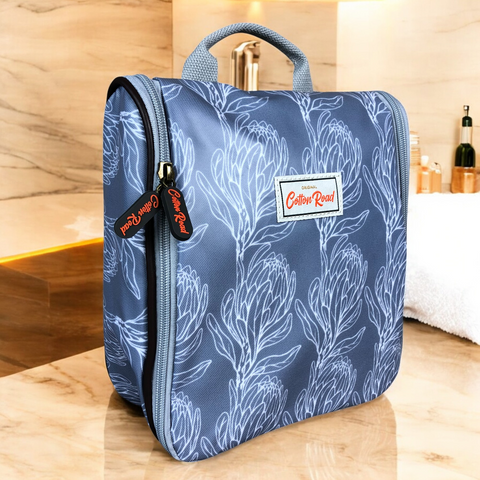 Cotton Road Toiletry Bag: BLUE PVC Hanging Vanity Bag with PROTEAS