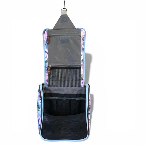 Cotton Road Toiletry Bag: BLUE PVC Hanging Vanity Bag with PURPLE PINK FLOWERS
