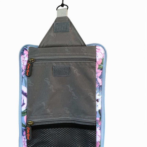 Cotton Road Toiletry Bag: BLUE PVC Hanging Vanity Bag with PURPLE PINK FLOWERS