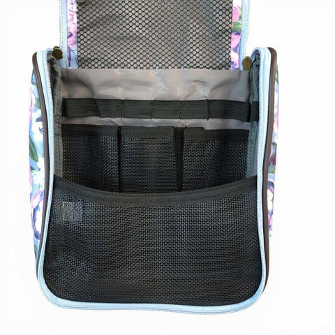 Cotton Road Toiletry Bag: BLUE PVC Hanging Vanity Bag with PURPLE PINK FLOWERS