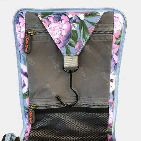 Cotton Road Toiletry Bag: BLUE PVC Hanging Vanity Bag with PURPLE PINK FLOWERS