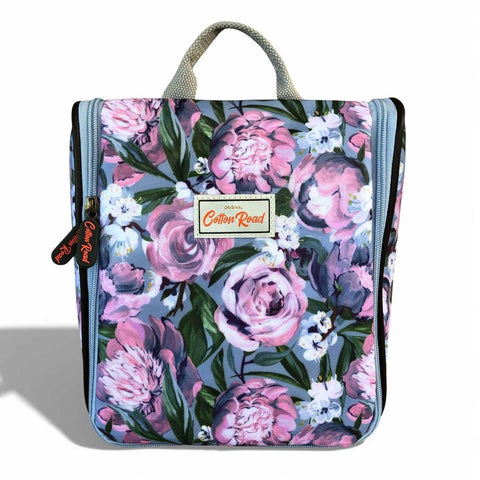 Cotton Road Toiletry Bag: BLUE PVC Hanging Vanity Bag with PURPLE PINK FLOWERS