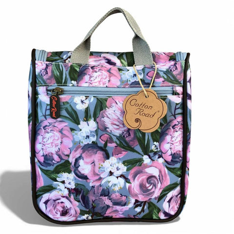 Cotton Road Toiletry Bag: BLUE PVC Hanging Vanity Bag with PURPLE PINK FLOWERS