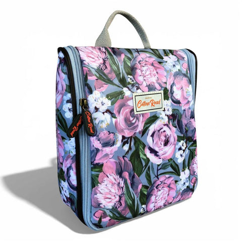 Cotton Road Toiletry Bag: BLUE PVC Hanging Vanity Bag with PURPLE PINK FLOWERS