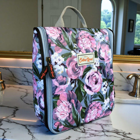 Cotton Road Toiletry Bag: BLUE PVC Hanging Vanity Bag with PURPLE PINK FLOWERS