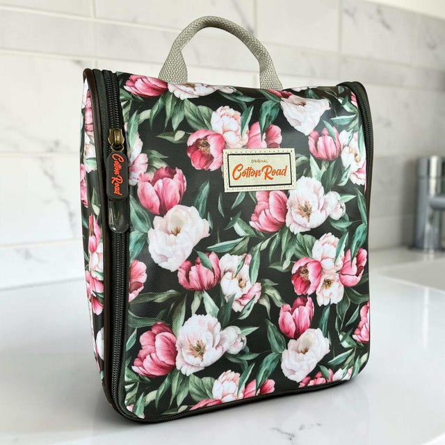 Cotton Road Toiletry Bag: GREEN FLORAL PVC Hanging Vanity for women