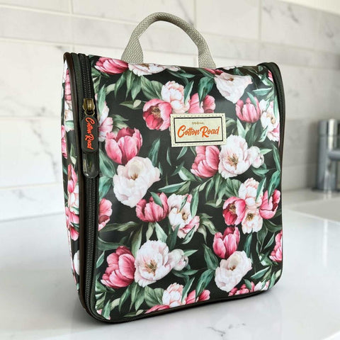 Cotton Road Toiletry Bag: GREEN FLORAL PVC Hanging Vanity for women