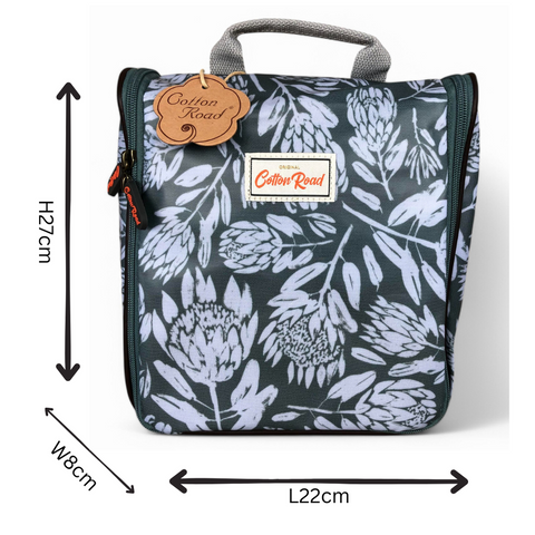 Cotton Road Toiletry Bag: GREEN PVC Hanging Vanity Bag with PROTEAS